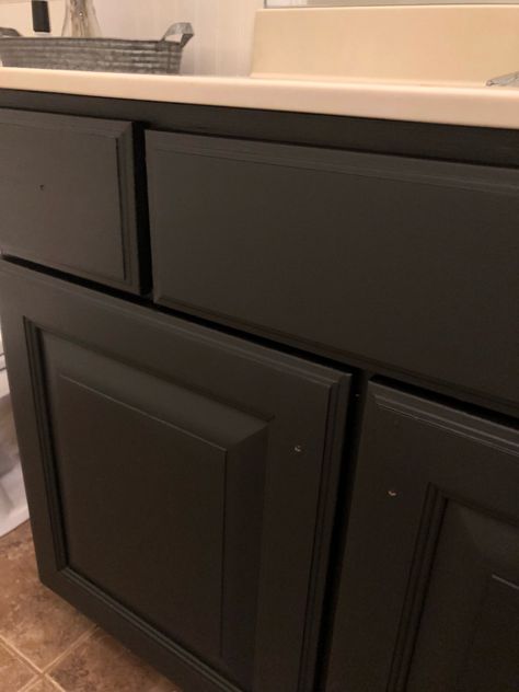 Bathroom Cabinets Black, Bathroom Cabinet Black, Dark Brown Bathroom, Bathroom Cabinet Makeover, Black Cabinets Bathroom, Paint Bathroom, Painted Vanity Bathroom, Bathroom Cabinets Diy, Painting Bathroom Cabinets