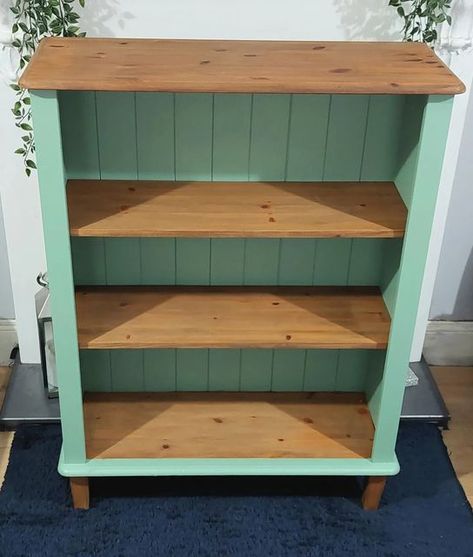 I finished these shelves in a gorgeous green shade by @Frenchic This is Apple of my Eye from the Alfresco collection. This bookcase was a charity shop buy and came in orange pine. I removed the decorative trim from the top along with the feet, sanded, painted, waxed and added new feet to make this a brighter and more modern piece of furniture. #upcycledfurniture #furnituremakeover #charityshopupcycle #beforeandafter Upcycled Furniture Bookcase, Upcycle Shelves, Upcycled Bookcase, Upcycle Bookcase, Bookshelf Inspo, Frenchic Paint, Apple Of My Eye, Beach Room, Wood Bookcase