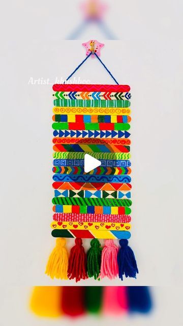 Popsicle Wall Hanging, Craft Ideas From Ice Cream Sticks, Craft Ideas With Ice Cream Sticks, Popsicle Stick Wall Hanging, Ice Cream Sticks Craft Ideas For Kids, Woollen Crafts Ideas, Icecreamsticks Crafts Wall Decor, Popsicle Stick Art For Kids, Woolen Craft Wall Hangings