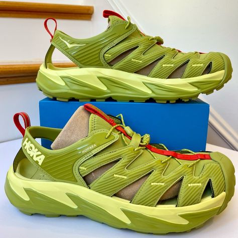 Brand New In Box ! No Flaws. Authentic Hoka One One Hopara Hiking Sandal Unisex Size 11 Men / 12 Women Color Is: Dark Citron / Luminary Green Color Code: Dclg Msrp: $135 + Tax Sold Out / Discontinued Style. “A True Outdoor Explorer, The Hopara Easily Navigates Through Any Terrain Wet Or Dry. Designed Through The Hoka Lens, This Shoe Will Blow Other Mountain Sandals Out Of The Water. The Hopara Has A Synthetic Upper With Strategic Cutouts For Drainage While Still Providing A Secure Lockdown. It I Hoka Sandals, Hoka Hopara, Arcteryx Women, All White Sneakers, Hoka Shoes, White Running Shoes, Hiking Sandals, Grey Sneakers, Sneakers Blue