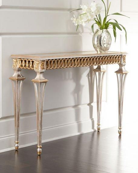 Tables - Gorgeous rectangular console table hand painted with gold and silver. Table is lined with an overlapping circular design. Designer Console Table, Luxury Console, Console Table Styling, Classical Furniture, Black Console Table, Console Table Design, Tv Console Table, Console Furniture, Console Table Decorating