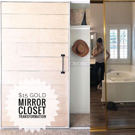 How to transform your old gold mirror closet doors for $15. spray paint and plywood. Mirror Closet Door, Angela Rose Home, Old Closet Doors, Sliding Mirror Closet Doors, Mirror Closet, Diy Closet Doors, Closet Transformation, Angela Rose, Closet Mirror