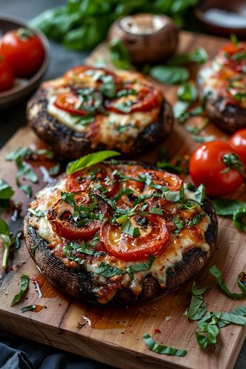 Discover the savory goodness of caprese-stuffed portobello mushrooms. Elevate your cooking with these delicious and flavorful caprese chicken stuffed portobello mushrooms. Indulge in the rich, buttery taste of caprese-stuffed garlic butter portobello mushrooms. Enjoy a burst of flavors with caprese stuffed garlic portobello mushrooms – a perfect dish for any occasion. Try out these mouthwatering recipes today and impress your family and friends! Stuffed Pizza Mushrooms, Mushroom Recipes Appetizer, Fancy Healthy Dinner, Christmas Recipes Savory, Vegan Tomato Recipes, Portobello Mushroom Recipes Healthy, Fancy Vegetables, Italian Mushrooms, Stuffed Mushroom Recipes