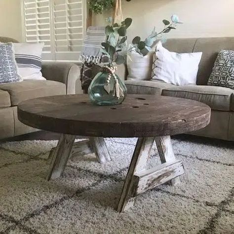 20+ Farmhouse Coffee Table Ideas For Your Home Farmhouse Coffee Table Ideas, Round Coffee Table Diy, Cable Spools, Modern Farmhouse Coffee Table, Used Furniture For Sale, Natural Wood Coffee Table, Diy Farmhouse Coffee Table, Spool Furniture, Spool Tables