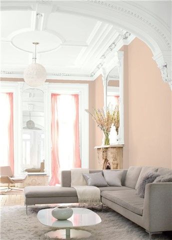 Look at the paint color combination I created with Benjamin Moore. Via @benjamin_moore. Walls: Raleigh Peach CW-205; Trim: Chantilly Lace OC-65; Ceiling: Chantilly Lace OC-65. Popular Living Room Colors, Tan Paint Colors, Best Gray Paint Color, Popular Living Room, Color Combinations Paint, Hale Navy, Benjamin Moore White, Best White Paint, Trending Paint Colors