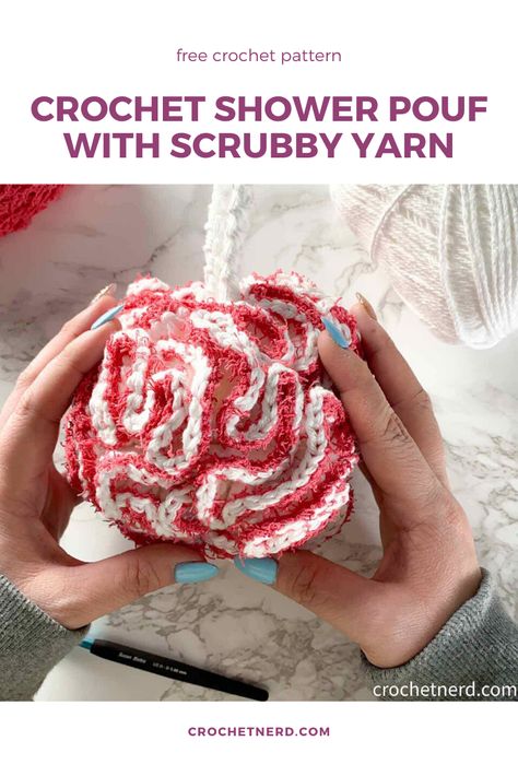 Crochet With Scrubby Yarn, Shower Puff Crochet Pattern, Crochet Bath Pouf Pattern Free, Crochet Shower Puff, Crochet Shower Scrubbie, Scrubby Yarn Crochet Patterns Free, Crochet Cotton Yarn Projects, Cotton Yarn Crochet Projects, Crocheted Scrubbies