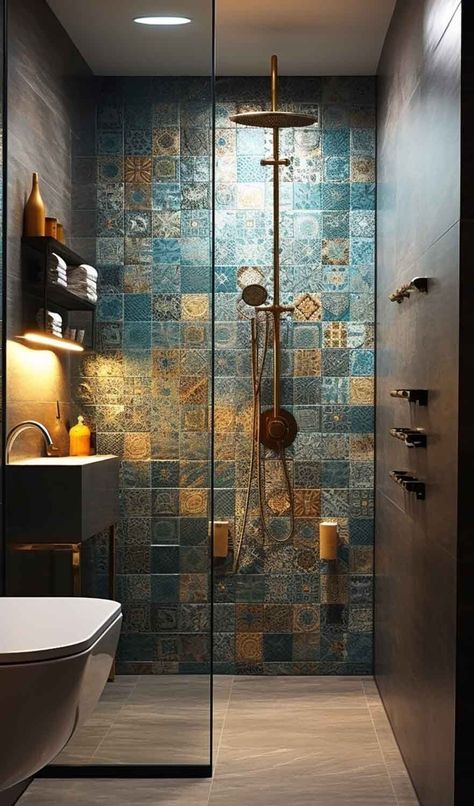 Colour Tiled Bathroom, Bathroom With Tiles On Wall, Artistic Bathroom Design, Bathroom Ideas Bright Colors, Opulent Bathroom Ideas, Funky Bathroom Design, Coloured Tiles Bathroom, Small Showers Ideas, Bathroom Ideas Green Tiles