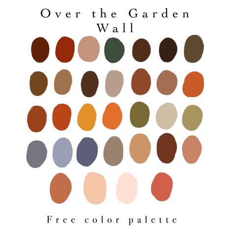 Free color palette based on Over the Garden Wall and light arcademia Pastel Walls Bedroom, Over The Garden Wall Color Palette, Color Palette Apartment, Over The Garden Wall Wedding, Sims 4 Color Palette, Garden Pallete Color, Garden Colors Palette, Warm Palette Colour Schemes, Over The Garden Wall Palette