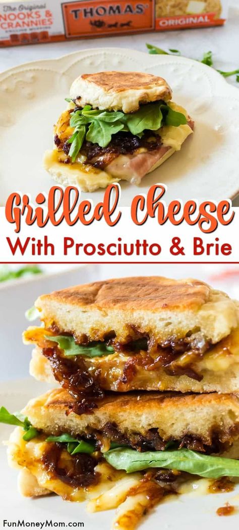 #ad This brie and prosciutto grilled cheese made with Thomas’ English Muffins takes your mother's grilled cheese recipe up a few notches! It makes an easy lunch or dinner recipe for sandwich lovers. Buy at Walmart and make your own Thomas' English Muffin creation to be entered to win an all-expense paid vacation for two to one of three amazing foodie destinations! http://www.explorethomas.com/ @ThomasBreakfast #ExploreThomas #ExploreThomasSweepstakes #sandwich #sandwichrecipe #grilledcheese Prosciutto Grilled Cheese, Recipe For Sandwich, Brie And Prosciutto, Thomas English Muffins, Prosciutto Sandwich, Brie Grilled Cheese, Cheese Ideas, Grill Cheese, Prosciutto Recipes