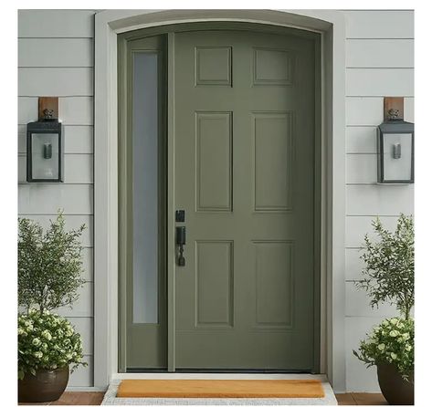 Sage Green Front Door With Side Panels, Sage Front Door Brick House, Green Front Door Stone House, Sage Green Doors Exterior, Light Green Door Entrance, Sage Green Front Door Brick House, Olive Green Front Door, Green Doors, Brown Front Doors