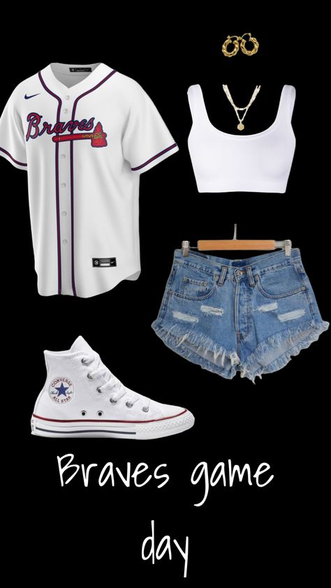 Braves Baseball Game Outfit Women, Womens Atlanta Braves Outfit, Braves Game Outfit Women Summer, Baseball Fits For Women, Baseball Outfit Women Game, Box Seats Stadium Outfit, Baseball Jersey Outfit Women Summer, Braves Jersey Outfit Women, Braves Jersey Outfit