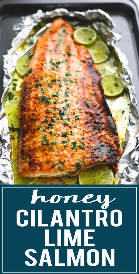 30 minute baked Honey Cilantro Lime Salmon in foil | lecremedelacrumb.com Honey Cilantro Lime Salmon, Cilantro Salmon, Thai Slaw, Cilantro Lime Salmon, Fish Meals, Fish Dinners, Lime Salmon, Healthy Baked, Salmon Fish