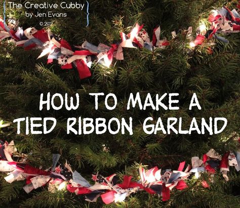 The Creative Cubby: Tied Ribbon Christmas Tree Garland I am so going to try and do this!!!! Christmas Tree Ribbon Garland, Ribbon Christmas Tree, Homemade Christmas Tree, Christmas Tree Ribbon, Tied Ribbon, Rag Garland, Tree Ribbon, Patriotic Christmas, Ribbon Garland