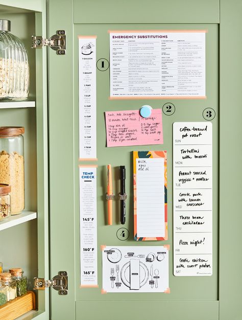 Turn a Cabinet Door into a Quick-Access Hub for Helpful Kitchen Info Command Center Aesthetic, Table Setting Guide, Board Organization, Command Center Kitchen, Home Command Center, Measurement Conversions, House Organisation, Home Organisation, Command Center