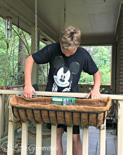 How to Install a Trough Planter - 3 Little Greenwoods Flowers On Railing Planter Boxes, Porch Railing Planters, Trough Planter, Planter For Porch Rail, Apartment Garden Balcony, Porch Rail Planter Boxes, Balcony Rail Planter Ideas, Window Box Herb Garden, Balcony Planters Rail