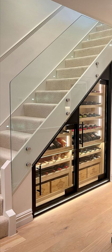 Glass Under Stairs, Under Stairs Glass Storage, Understair Wine Room, Staircase Wine Storage, Wine Under Staircase, Wine Under Stairs, Bar Under Staircase, Wine Storage Under Stairs, Wine Room Under Stairs