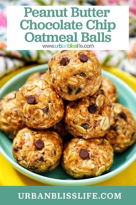 These energy bites have creamy peanut butter, sweet chocolate chips, and nourishing oats. Easy and fast to make treats that satisfy! Chocolate Chip Oatmeal Balls, Oatmeal Balls, Peanut Butter Bites, Energy Ball Recipe, Protein Bites, Peanut Butter Oatmeal, Snacks To Make, Peanut Butter Protein, Peanut Butter Balls