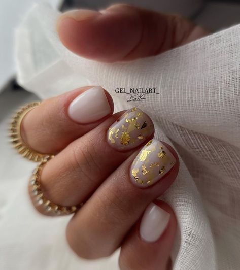 Gel Nails By Naila’s Instagram post: “🤍✨Gold flakes with Milky white✨🤍 . #luminarynailsystems #luminarybase_clarity #manicuracombinada #russianmanicure #instanails #nailartist…” Gold Flakes Gel Nails, Feminine Gel Nail Designs, White With Gold Flakes Nails, Nail Designs Gold Flakes, Gold Flake Nails Short, White Nails Gold Flakes, Fall Nails Gold Flakes, Fall Nails With Gold Flakes, Gold Fleck Nails