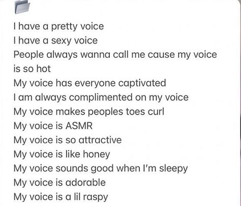 Desired Voice Affirmations, Pretty Voice Affirmation, Attractive Voice Affirmations, Voice Subliminal, Posture Affirmations, Voice Affirmations, Attractive Voice, Scripting Ideas, Affirmations For Happiness