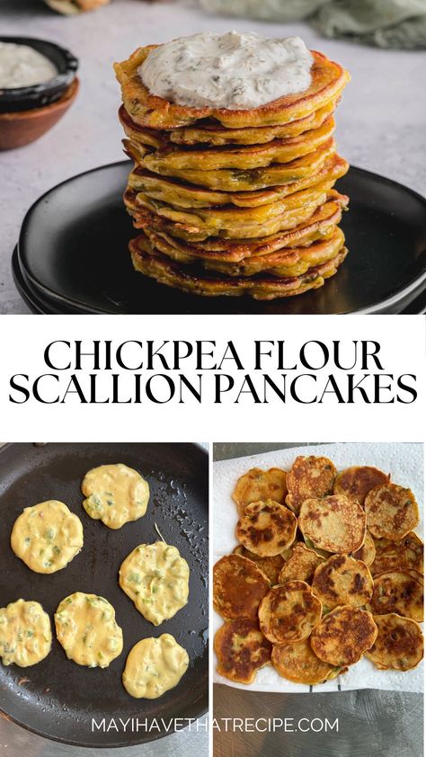 Gluten-Free Savory Scallion Pancakes are made with chickpea flour and served with a tangy greek yogurt caper sauce! Chickpea Flour Pancakes Savory, European Pancakes, Lentil Pancakes, Chickpea Flour Pancakes, Chickpea Pancakes, Caper Sauce, Flour Pancakes, Mustard Pickles, Scallion Pancakes