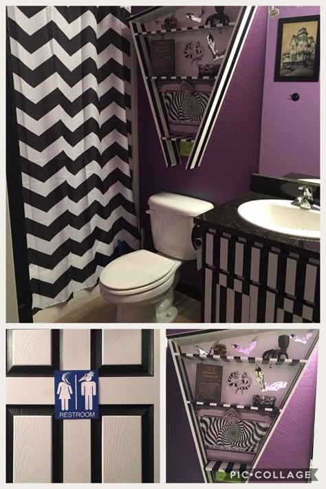 Beetlejuice bathroom Tim Burton Bathroom Ideas, Beetlejuice Decor Home, Spooky Bathroom Decorating Ideas, Beetlejuice Living Room, Beetlejuice Interior Design, Horror Bathroom Ideas, Tim Burton Bathroom, Beetlejuice Bathroom Decor, Beetle Juice Bathroom