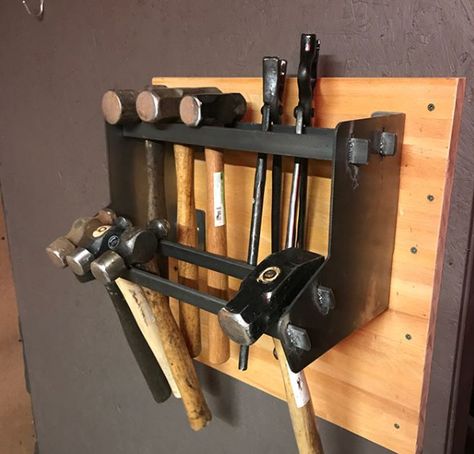 Hammer Rack Ideas, Diy Hammer Holder, Hammer Storage Ideas, Hammer Rack, Hammer Storage, Tool Wall Storage, Metal Store, Forging Tools, Tool Box Diy