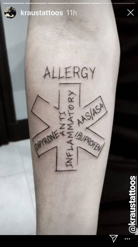 Allergy Tattoo #allergytattoo #allergy #tattoo #staroflife Allergy Tattoo, Blue Ink Tattoos, Tattoos Ideas, Blue Ink, Arm Tattoo, Tattoo Design, Geometric Tattoo, Allergies, Tattoo Ideas