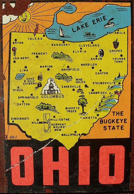 First off, Serpent Mound is in Peebles, not Hillsboro. Secondly, Athens is not listed?! For shame, print maker, for shame. And Columbus needs to skooch to the right just a smidge. Ohio Buckeyes, State Of Ohio, Ohio Map, Vintage Vacation, Ohio Travel, Ohio History, Toledo Ohio, Akron Ohio, Travel Stickers