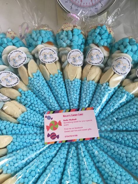 Blue Sweet Cones, Cotton Candy Bags Favors, Cotton Candy Waffle Cone, Light Blue Chocolate Covered Pretzels, Rice Krispie Treats Baby Shower Blue, Motorcycle Birthday, Sweet Carts, Candy Cart, White Baby Showers