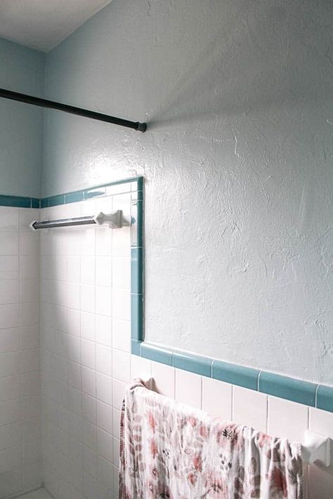 How to Update a Bathroom Without Changing the Tile - at home with Ashley Mauve Bathroom Tile, Old Blue Tile Bathroom, Square Bathroom Tile, 1950s Tile, Vintage Blue Tile Bathroom, Bathroom Tile Shower Ideas, Tiles Kitchen Floor, Square Tile Bathroom, Tiles Painting