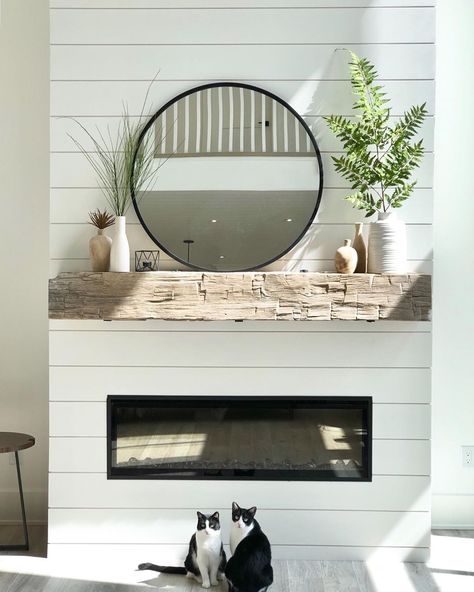 Flat front fireplace - get rid of “step” in front to open space around it?? A House We Built, Mirror Over Fireplace, Painted Fireplace, Fireplace Mantles, Mantle Ideas, Fireplace Mantle Decor, Fall Mantle, Fireplace Mantel Decor, Farmhouse Fireplace