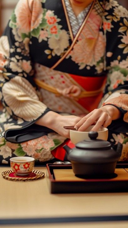 StockCake A person in a floral kimono participates in a traditional Japanese tea ceremony with grace. Traditional Japanese Tea Ceremony, Tea Ceremony Japan, Yellow Curry, Traditional Tea, Cast Iron Tea Pot, Japanese Tea Ceremony, Guilty Gear, Floral Kimono, Japanese Tea