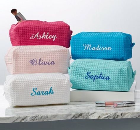 20 Personalized Gifts to Order Now! - Between Carpools Unique School Supplies, Pink Makeup Bag, Kids School Supplies, Personalized Makeup Bags, Christmas Monogram, Stationery Storage, Toiletries Organization, Toiletry Kit, Travel Toiletries