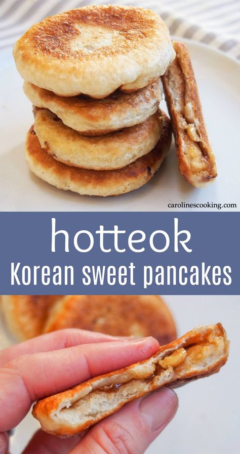 Hotteok are Korean sweet pancakes made with a yeasted dough and sweet nut filling. They're a classic street food, especially in winter, and make a delicious anytime treat. #koreanfood #pancake #filledpancake #streetfood Hotteok Recipe, Sweet Pancakes, Yummy Pancake Recipe, Korean Dessert, Korean Street Food, Korean Dishes, Asian Desserts, Global Recipes, Cooking Ingredients