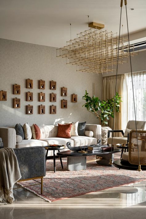 Inside a stunning Bengaluru apartment with an eclectic design narrative | Architectural Digest India Indian Modern Living Room, Old Homes Interior, Bengaluru Apartment, Home Design Indian, Modern Traditional Interior Design, Indian Living Room Decor, Residence Interior Design, Global Interior Design, Living Room Theme