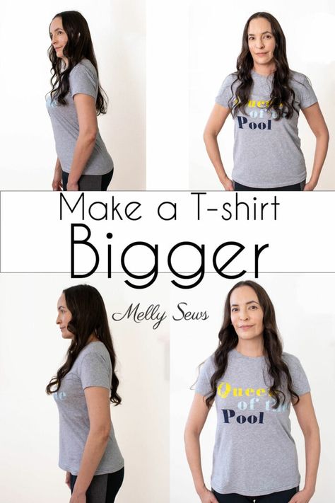 How To Make A Shirt Bigger: Video & Tutorial for a T-shirt - Melly Sews Making A Shirt Bigger, Tshirt Too Small Refashion, How To Make A T Shirt Bigger, Make Shirt Bigger, How To Make A Tshirt Bigger, How To Make A Shirt Bigger, Shorten A Tshirt, Too Small Tshirt Refashion, T Shirt Alterations Diy