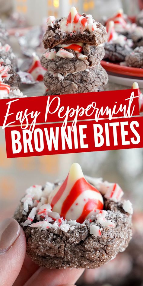 Easy Peppermint Brownie Bites! The Best Peppermint Brownie Cookies from a box of Brownie Mix! Dark Chocolate Brownie Mix Cookies topped with crushed candy canes or peppermints and a peppermint kiss! The PERFECT Christmas Cookies or Easy peppermint brownie recipe! #lemonpeony #peppermint #candycane #browniemixcookies #easychristmascookies Easy Brownie Bites, Peppermint Brownie Bites, Peppermint Brownies Recipe, Peppermint Brownie Cookies, Peppermint Brownie, Brownie Bites Recipe, Peppermint Dessert, Brownie Mix Cookies, Easy Brownie