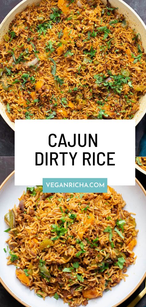 This vegan Cajun Dirty Rice is an easy one-pot dish that can be enjoyed as a main or side and can be made days in advance. Vegan Dirty Rice Recipe, Cajun Rice Recipe, Cajun Dirty Rice, Vegetarian Rice Recipes, Vegan Cajun, Cajun Rice, Dirty Rice Recipe, Veggie Sausage, Dirty Rice