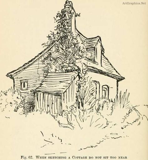 sketching a cottage, perspective book, free tutorial, free book Pencil Drawing Tutorials, Nature Drawing, Drawing For Beginners, Landscape Drawings, Art Instructions, Urban Sketching, Color Pencil Drawing, Drawing Lessons, Ink Pen Drawings