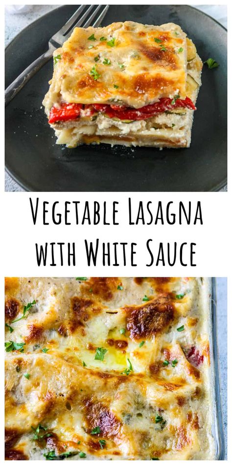 Vegetable Lasagna with white sauce is a creamy, cheesy dish with roasted butternut squash, roasted red pepper & zucchini in a velvety béchamel (white) sauce. A delicious vegetarian lasagna that's easy to make and sure to become a family favorite. Vegetable Lasagna With White Sauce, Lasagna With White Sauce, Butternut Squash Roasted, White Sauce Lasagna, Vegetable Lasagna Recipe, Veggie Lasagna Recipe, Roasted Vegetable Lasagna, Squash Roasted, Vegetarian Lasagna Recipe