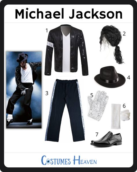 Michael Jackson Costume Try out the Michael Jackson costume and show your admiration for one of the greatest pop singers. This outfit is rather iconic, and you are sure to be recognized no matter where you wear it. #michaeljacksoncostume #michaeljackson #halloweencostume #costumesheaven #costumeguide #cosplayguide #costume Michael Jackson Iconic Looks, Michael Jackson Dress Up, Micheal Jackson Halloween Costumes, Micheal Jackson Inspired Outfit, Michael Jackson Outfit Ideas, Michael Jackson Costume Ideas, Michael Jackson Costume Women, Kids Michael Jackson Costume, Michael Jackson Cosplay