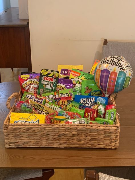 At Elegant Gift Basket Co. we make any theme baskets you may have in mind. The Sour Candy Basket is just an example of the baskets we Make. We Make Bridal Shower Theme Baskets, Candy, Spa, Game, Holidays   Bridal Shower, Bachelor & Bachelorette Party Baskets, Or any Theme You Desire. Prices vary for themes that aren't Candy.. Sour Candy Baskets include 16 items. At least 8 large items such as Movie Theatre Candy Boxes Like Lemonheads. .Bridal Shower Baskets Start at $85, They include a Wedding T Color Coded Snack Basket, Purple Themed Basket, Color Themed Gift Baskets, Candy Basket Ideas, Fruit And Candy Gift Basket, Sour Candy Gift Basket, Girly Gift Baskets, Cute Gift Basket Ideas, Snacks Basket