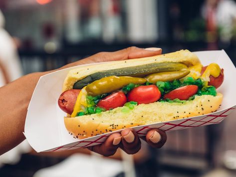 The 10 Best Hot Dogs In NYC - New York - The Infatuation Chicago Dogs, Best Hot Dogs, Hot Dog Toppings, Dry Aged Beef, Chicago Dog, Dog Day Afternoon, Pickled Carrots, Cheese Dog, Italian Beef