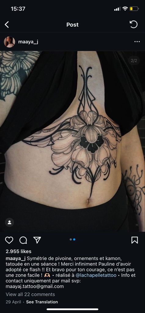 Black Work Chest Tattoo, Stomach Tattoos Women Plus Size, Plus Size Stomach Tattoo, Between Breast Tattoos For Women, Cleavage Tattoos, Honeysuckle Tattoo, Stomach Tattoos Women, Stomach Tattoos, Chest Tattoo