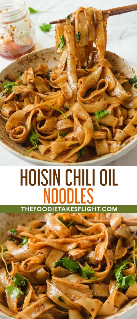 Hoisin Chili Oil Noodles Recipes With Hoisin Sauce, Chili Oil Noodles, Vegetarian Chinese Recipes, Vegan Noodles Recipes, Easy Asian Noodles, Oil Noodles, Chili Oil Recipe, Rice Noodle Recipes, Coleslaw Recipe Easy