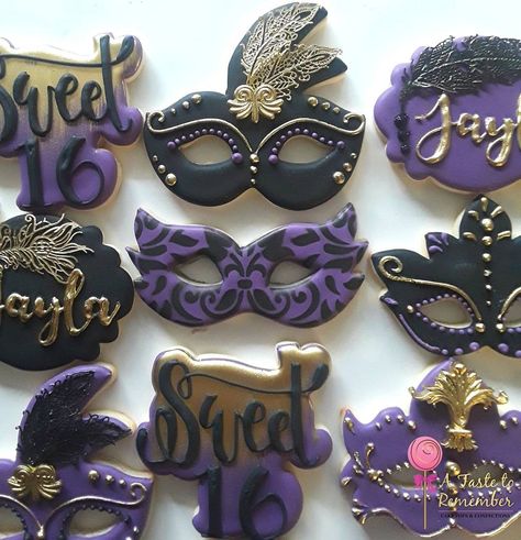 Masquerade themed Sweet 16 sugar cookies for Jayla's big day 💜🖤💜🖤 Feather mask cutter by @bobbiscookies and Sweet 16 cutter by @kaleidacuts . . . #masqueradecookies #masquerade #masqueradesweet16 #masqueradeball #masquerademask #sweet16 #sweet16cookies #maskcookies #cookies #sugarcookies #decoratedcookies #decoratedsugarcookies #customcookies #cakepop #cakepops #instacakepop #instacakepops #cakepopstagram #cakepopstampa #tampacakepops #tampaeats #tampaevents #tampabakery #tampabaker #followm Sweet 16 Sugar Cookies, Mardi Gras Cookies, Masquerade Party Themes, Sweet 16 Masquerade Party, Masquerade Cakes, Masquerade Decorations, Bridal Cookies, Masquerade Theme, Sweet 16 Decorations