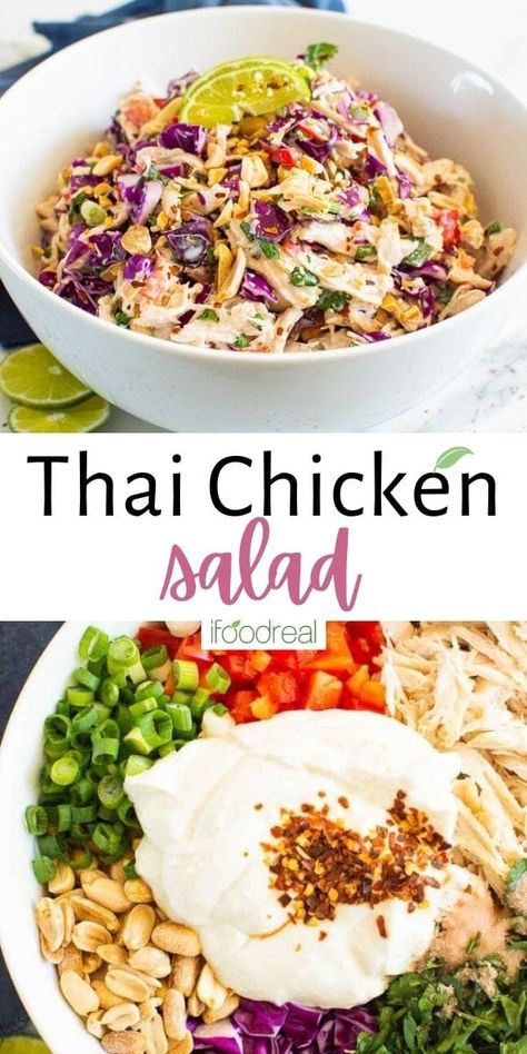 This 15 minute Thai Chicken Salad recipe is bright and full of flavor with a creamy dressing and lots of fresh, crunchy veggies. It is a perfect year-round option for an easy mid-week meal and is a healthy, wholesome, gluten free, filling Thai peanut chicken salad! Red Cabbage Dinner Recipes, Summer Protein Meals, High Protein Salad Recipes, Peanut Chicken Salad, High Protein Chicken Salad, Protein Salads, High Protein Salad, Protein Salad Recipes, High Protein Salads