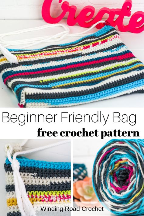 Beginner friendly crochet bag. Free pattern by Winding Road Crochet. #crochetbag #crochettote #forbeginners Crochet Projects For Road Trips, Cheap Travel Crochet Bag, Eco-friendly Crochet Travel Bag For Spring, Eco-friendly Crochet Travel Bag For Summer, Cheap Eco-friendly Crochet Travel Bag, Eco-friendly Crochet Travel Bag, Crochet Bag Free Pattern, Boho Style Purses, Crochet Rectangle