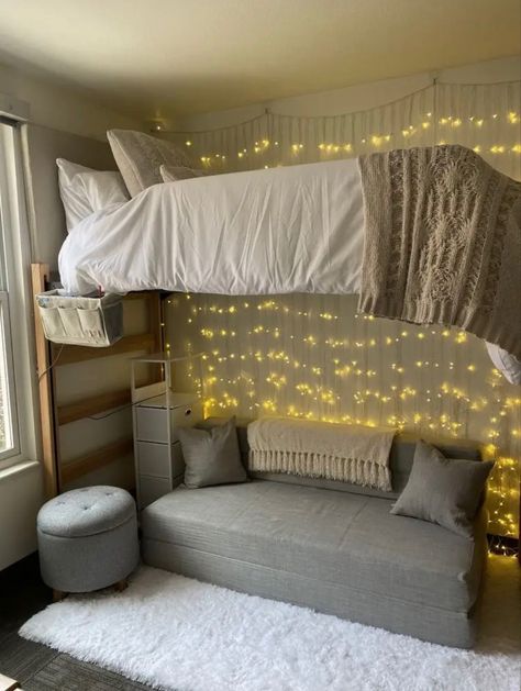 Dorm Room High Bed Ideas, Dorm Room Ideas For Lofted Beds, Dorm Decorations Lofted Bed, Dorm Room With Couch Under Bed, Couch Under Dorm Bed, 2 Person College Dorm Room Ideas, Cute Dorm Ideas Colleges, Dorm Room Ideas With Couch, College Loft Dorm Room Ideas