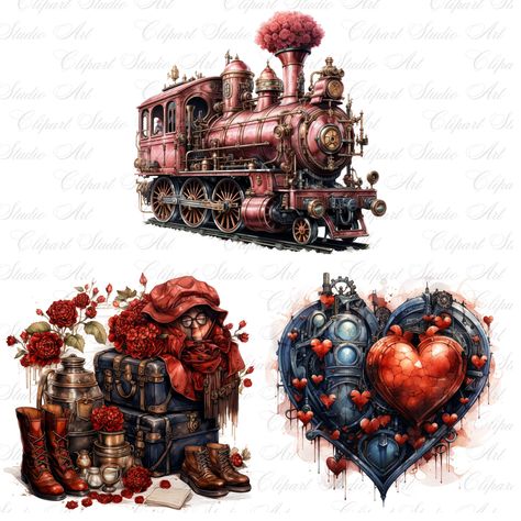 Steampunk Clipart, Steampunk Elements, Heart Clipart, Valentines Day Hearts, Watercolor Clipart, Art Images, Valentines Day, Clip Art, Art